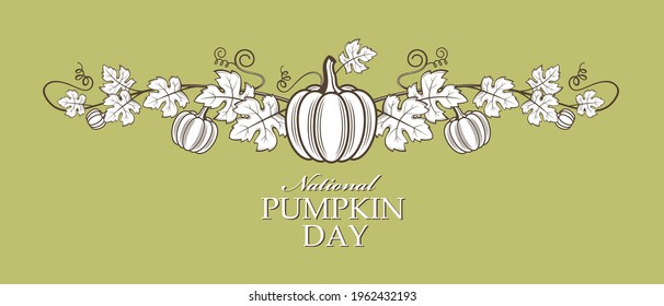 illustration of vegetable pumpkins with green leaves isolated on green background