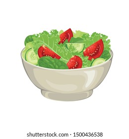 Illustration of vegetable salad in bowl Isolated on white background. Fresh green salad leaves, tomato and cucumber slices In cartoon simple flat style. Concept of healthy organic food.