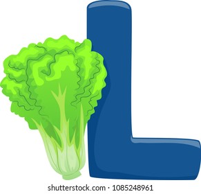 Illustration of Vegetables Alphabet, a Blue Letter L and a Lettuce