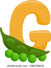 Illustration of Vegetables Alphabet, a Yellow Letter G and a Green Peas