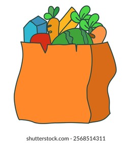 Illustration of vegetables bag brown color full off vegetarian food healthy food. Watermelon carrot milk tomatoes