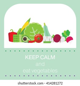 Illustration with vegetables - cabbage, pumpkin, cucumber, tomato, peppers, zucchini, mushrooms.