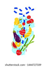 Illustration of vegetables and fruits in a transparent glass for a smoothie with a straw. Vector. Pattern of eco products. Image for a smoothie bar menu or a vegetarian cafe.