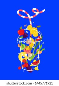 Illustration of vegetables and fruits in a transparent glass for a smoothie with a straw. Vector. Pattern of eco products. Image for a smoothie bar menu or a vegetarian cafe.