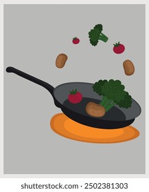 Illustration with Vegetables at Frying Pan, Banner