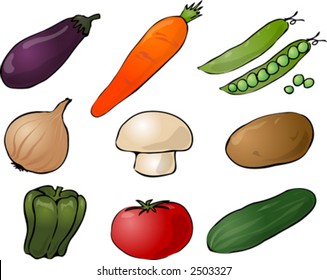 Illustration of vegetables, hand-drawn look: eggplant, carrot, peas, onion, mushroom, potato, pepper, tomato, cucumber. Vector illustration