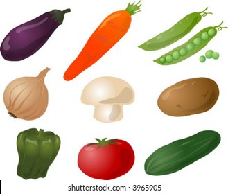 Illustration of vegetables, hand-drawn look: eggplant, carrot, peas, onion, mushroom, potato, pepper, tomato, cucumber