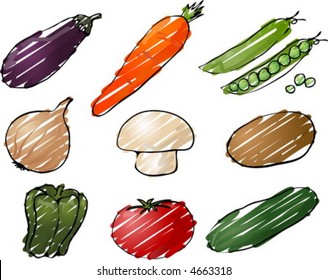 Illustration of vegetables, hand-drawn look rough coloring: eggplant, carrot, peas, onion, mushroom, potato, pepper, tomato, cucumber