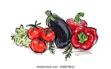 Illustration of vegetables and lettuce leaves.