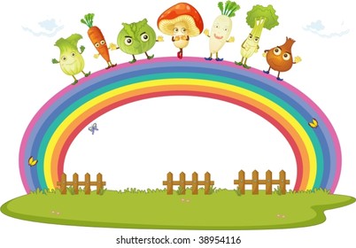 ilustración de las hortalizas en el fondo del arco iris