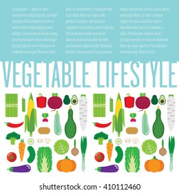 Illustration with vegetables. There cabbage, pumpkin, cucumber, tomato, peppers, zucchini, mushrooms.