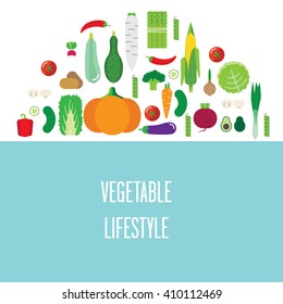 Illustration with vegetables. There cabbage, pumpkin, cucumber, tomato, peppers, zucchini, mushrooms.