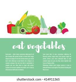 Illustration with vegetables. There cabbage, pumpkin, cucumber, tomato, peppers, zucchini, mushrooms.