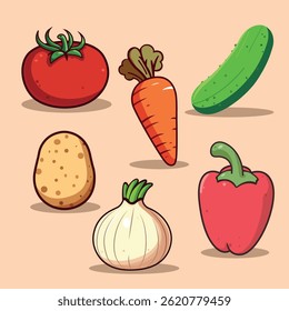 Illustration of vegetables: tomato, onion, potato, pickle, pepper, carrot