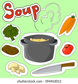 illustration of vegetarian soup with vegetables ingredients