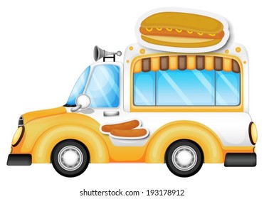 Illustration of a vehicle selling buns and hotdogs on a white background