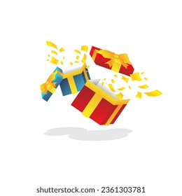 illustration vektor graphic of cute douple suprise box open red and blue with gold or yellow ribbon