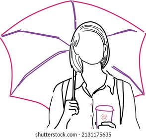 illustration vektor graphic of girl using an umbrella with coffee in her other hand in the form of line art 
good for simple design, youth template, and any kind of young vibes