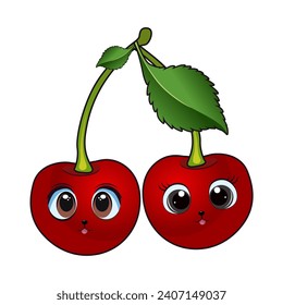 Illustration Vektor Graphic of, Kawaii cherry fruit character with a smiling face, perfect for vegetable products, logos, icons, covers, doodles,etc