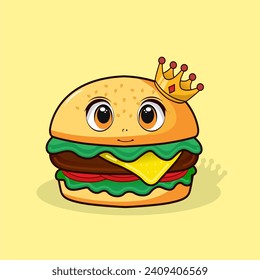 Illustration Vektor Graphic of, Kawaii cute burger character with crown, perfect for fast food products, doodles, etc