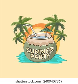 : Illustration Vektor Graphic of, sanset, summer beach, sunset, coconut drinks, coconut trees, island perfect for t-shirts, logos, sticker, etc