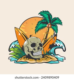Illustration Vektor Graphic of, summer vacation, skull on an island with coconut trees, waves and sea views, perfect for t-shirts, posters, logos, etc