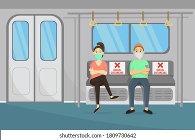 illustration vektor graphic of people wear masks and maintain social distancing on the trains for safe travel during corona virus, new normal life style,fit for travel information banner, etc