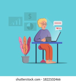 illustration vektor graphic of people were working at home during the quarantine period, people were using laptops to monitor their business, people were using devices to communicate during the quaran
