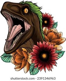 illustration of Velociraptor Dinosaur with flower