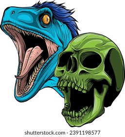 illustration of Velociraptor head with human skull