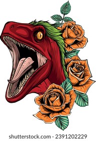 illustration of velociraptor head with roses flower