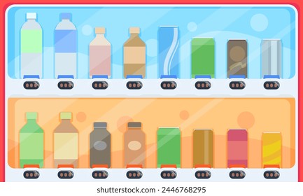 Illustration of a vending machine display with a line of bottled and canned beverages