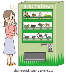 Es una ilustración de una máquina expendedora que vende varios alimentos para insectos y una mujer que se pregunta cuál comprar.