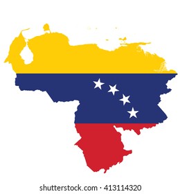 Illustration of the Venezuela flag on map of country; isolated on white background.