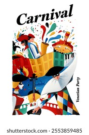 illustration venice carnival with harlequin and musicians confetti