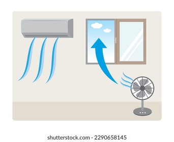 Illustration of ventilating indoor air with a window open and a fan.