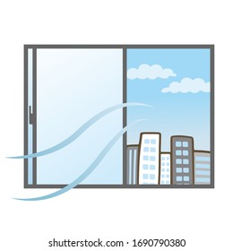 Illustration of ventilating through windows. Building outside. Vector illustration on white background.