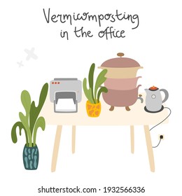 Illustration of a vermicomposter in the office - on a table with a printer, an electric kettle and plants. Flat vector image about smart eco friendly home.