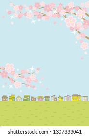 Illustration of the vernal rural scenery with the cherry blossoms - row of houses and sky and grassy plain - for horizontal writing of portrait format