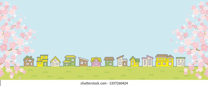 Illustration of the vernal rural scenery with the cherry blossoms - row of houses and sky and grassy plain - for more landscape format