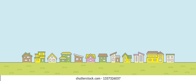 Illustration of the vernal rural scenery - row of houses and sky and grassy plain - for more landscape format