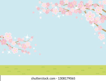 Illustration of the vernal scenery with the cherry blossoms - sky and grassy plain - for horizontal writing of landscape format