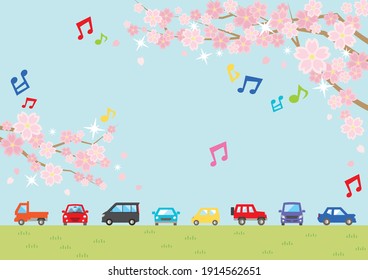 Illustration of the vernal scenery with the cherry blossoms - row of car and sky and grassy plain - for horizontal writing of landscape format