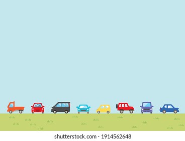 Illustration of the vernal scenery - row of car and sky and grassy plain - for horizontal writing of landscape format