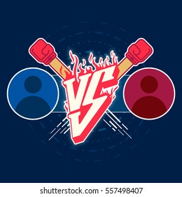 Illustration versus fight emblem with fire and red punches. Versus vector letters fight logo with circle avatars illustration. Decorative background with circles and lines art style.