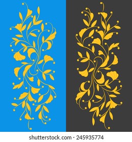 Illustration of vertical arrangement styled plant in golden colors on the blue and black backgrounds