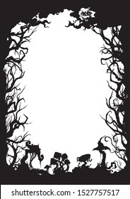 Illustration vertical frame with trees, mushrooms, moon