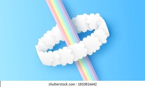 Ilustración del arco iris vertical en el círculo de la nube en el cielo. Diseño gráfico para Arcoiris. Cortado de papel y estilo artesanal. vector, ilustración.