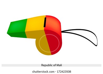 An Illustration of A Vertical Tricolour of Green, Gold and Red Bands of The Republic of Mali Flag on A Whistle, The Sport Concept and Political Symbol. 
