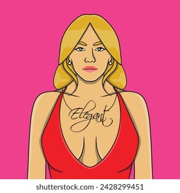 Ilustración de una mujer rubia muy hermosa en un vestido rojo con la palabra elegante en ella como su collar